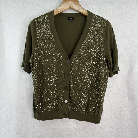 Talbots Womens Large Petite Green Short Sleeve Sequin Front Cardigan Cottagecore - Picture 1 of 6
